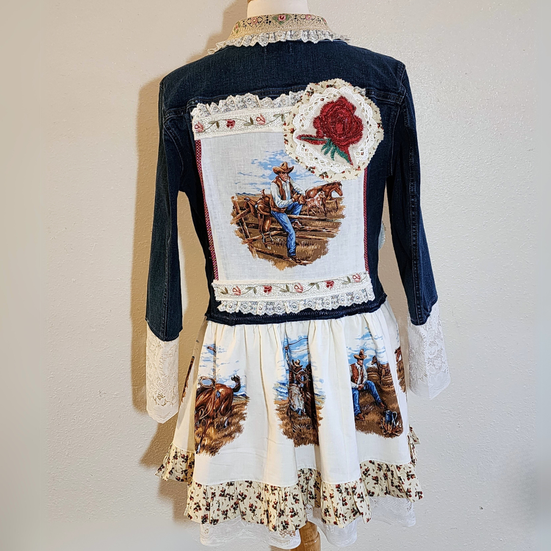 Upcycled Patch Denim Jacket with Cowboy Panels Lace and Roses