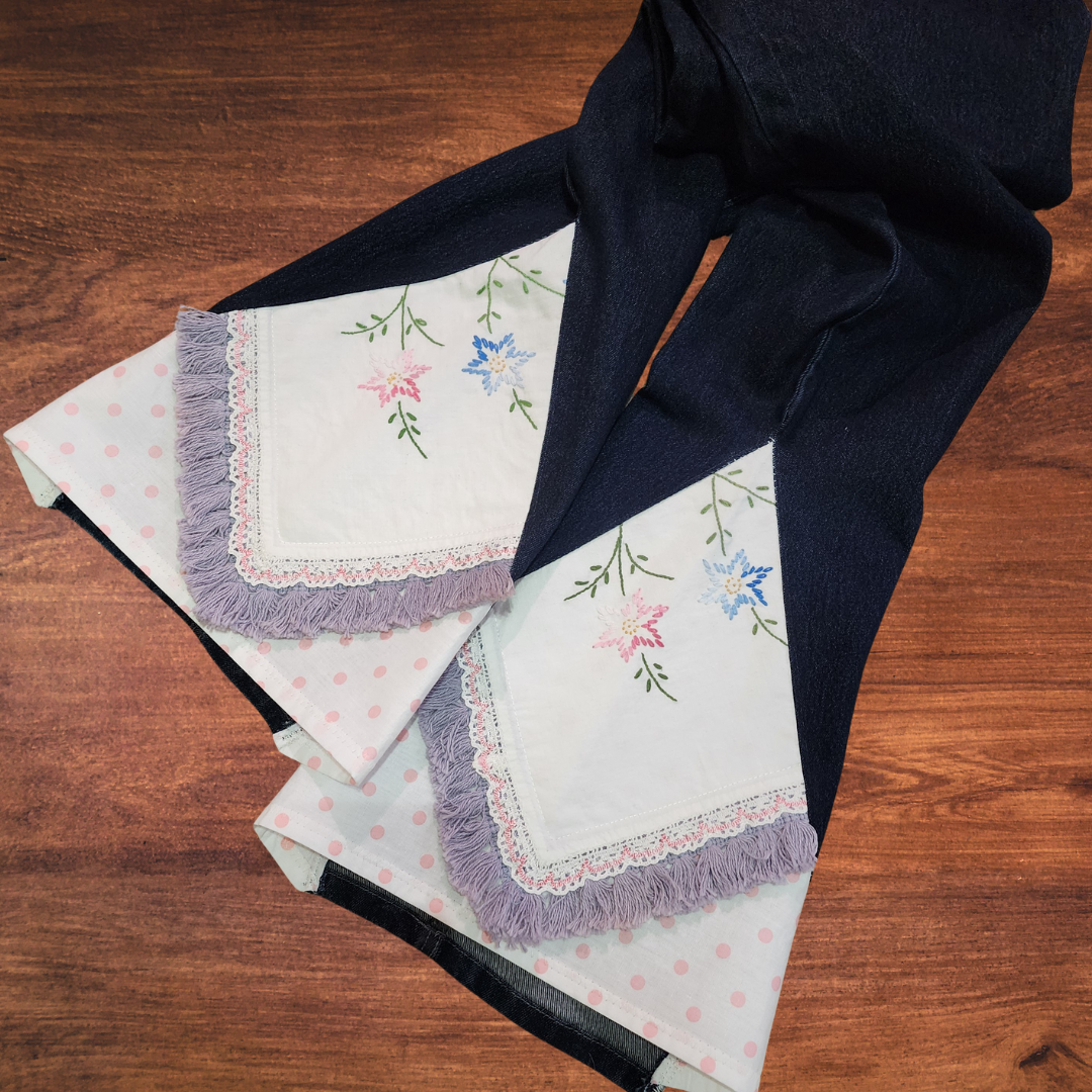 Vintage Hand Embroidered Polka Dot Flares with Tassels