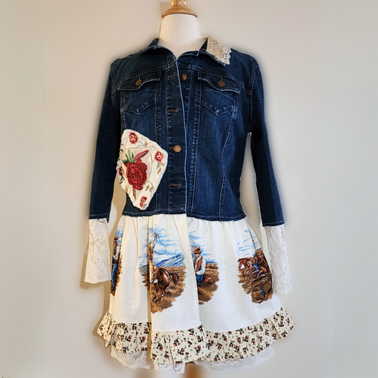 Upcycled Patch Denim Jacket with Cowboy Panels Lace and Roses