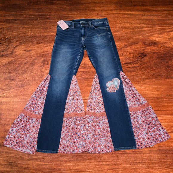 Peach Floral Bubble Flare Jeans